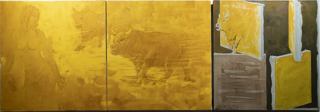 Choi Chul Charging Bull Modernist Triptych Painting (1 of 6)