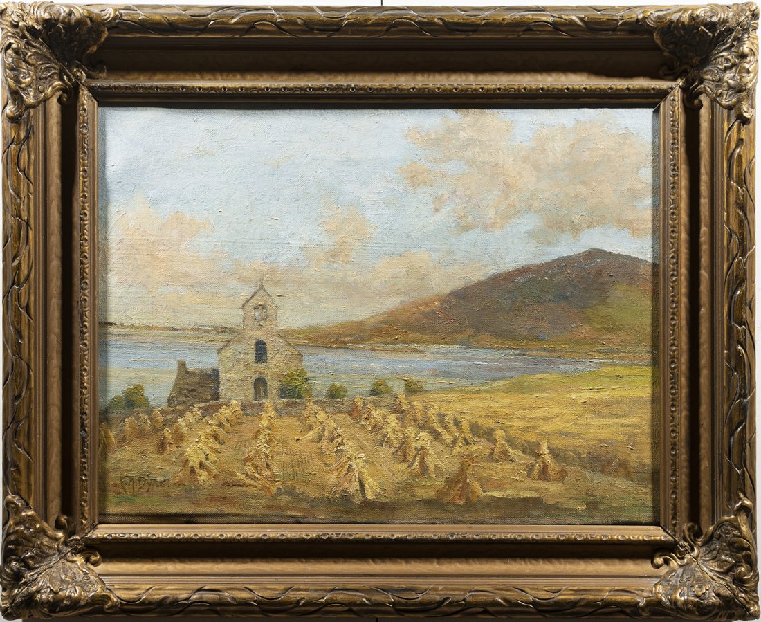 Oil Painting of a Seaside Church and Haystacks: Antique impressionist painting of a seaside town. Oil on canvas, circa 1900. Signed and more information on back. Housed in a period giltwood frame. Image size, 12H x 16L
