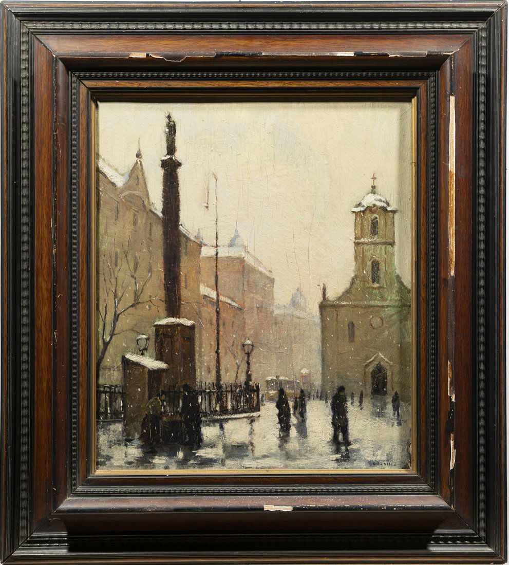 Antique Impressionist Winter Snow Cityscape Painting (1 of 8)