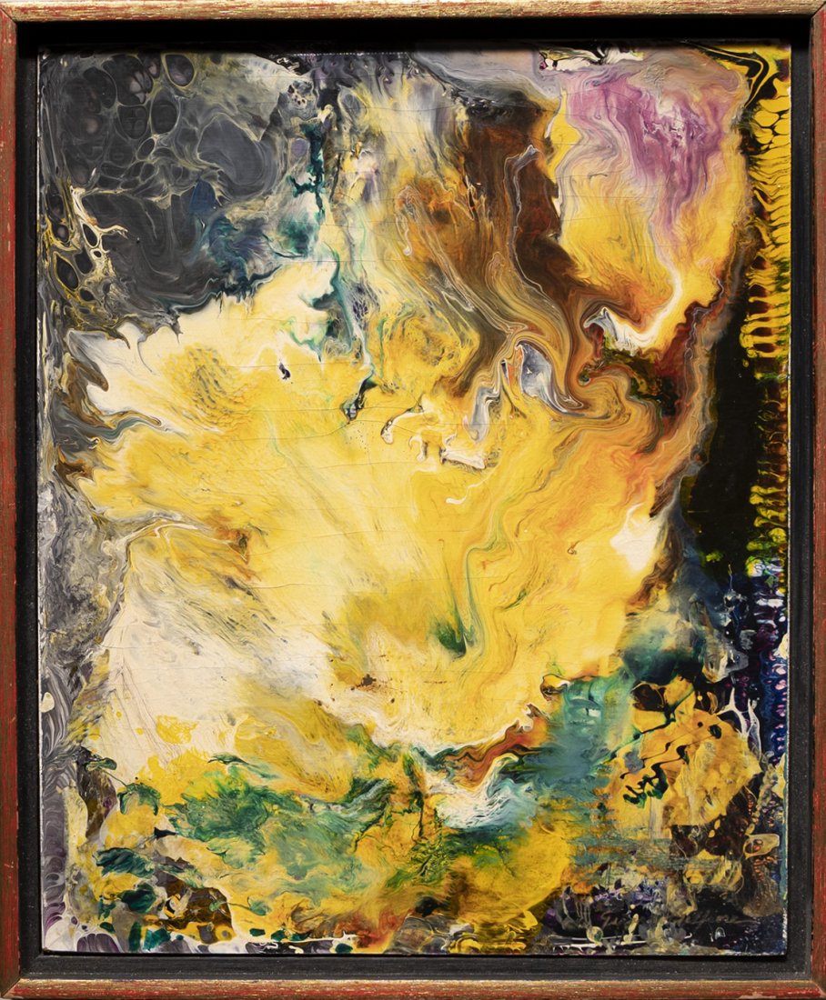 Vintage Abstract Expressionist Action Flowing Painting: Vintage and gorgeous abstract oil painting. Oil on board. Framed. Image size, 11L x 9H.