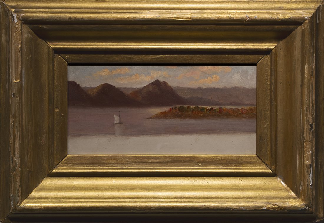 Antique American School Oil Sketch on the Hudson River: Antique American school oil painting. Image size, 4H x 8L. signed on verso: Moore