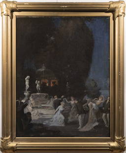 Antique Ashcan School Nocturnal Party Signed Painting: Up for sale here is a really impressive early 1900's oil painting by William Clarke Rice, Jr. (1875 - 1928). A great nocturnal view housed in a period gitlwood frame. Image size, 26 1/4H x 20 1/4L. si