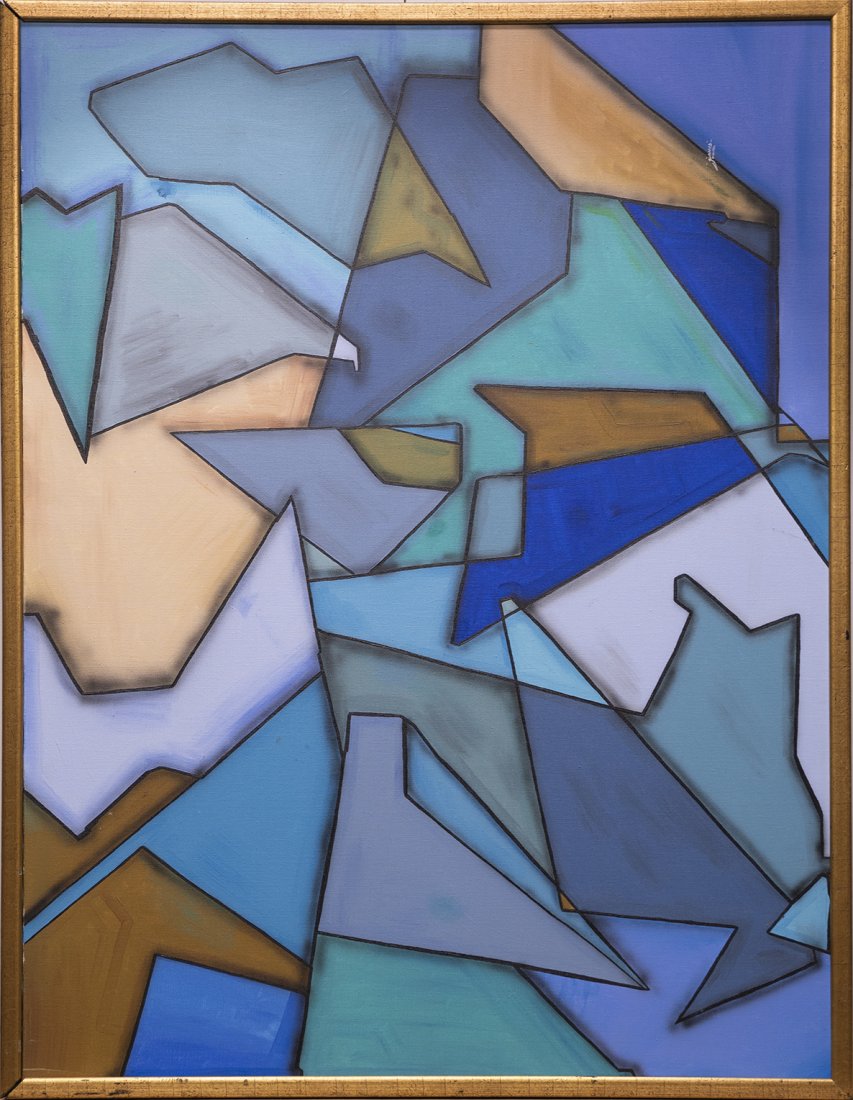 Blue Toned Geometric Abstract Original Oil Painting (1 of 7)
