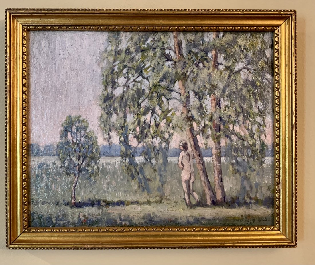 Antique American Impressionist Female Nude Landscape: Antique American Impressionist Female Nude Landscape, 8 x 10, 9 1/4 x 11 1/4\\\" framed, oil on board, signed and dated 1925 lower right, illegible.