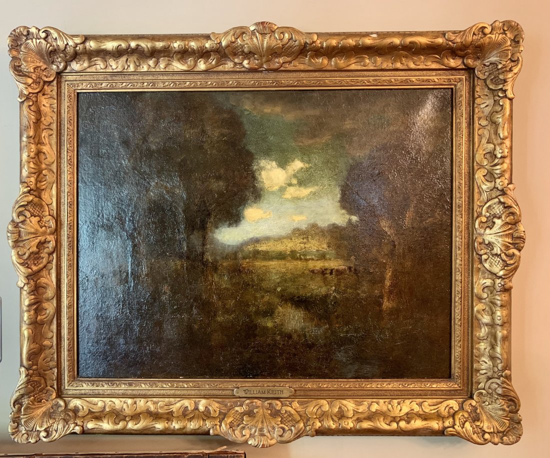Antique American Tonalist, William Keith California: Antique American Tonalist landscape with cattle, William Keith California, O/C, remnants of a label with an inventory number, SLL,W.Keith, S.F. "San Francisco". 20 x 26"/27 x 35" framed.William Keith