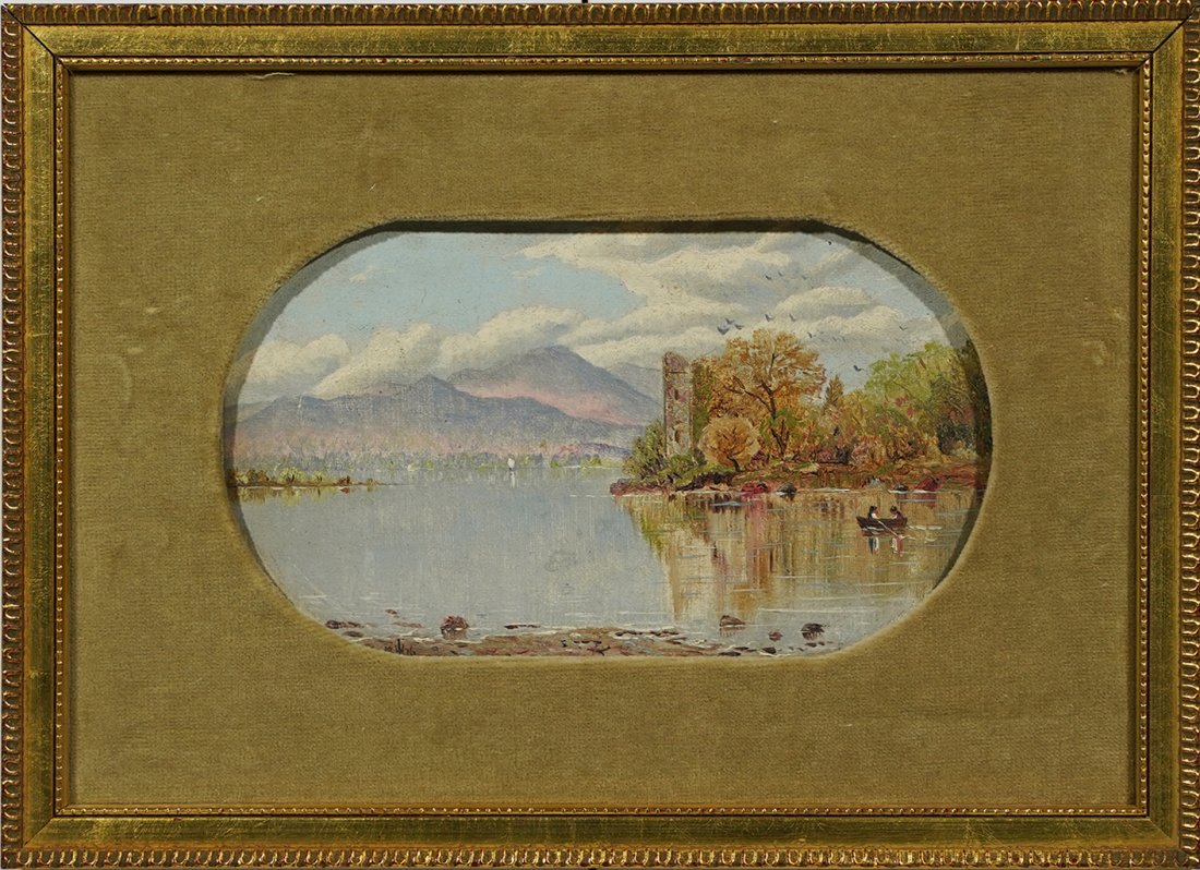 Antique Impressionist Fall River Castle Ruin Painting: Antique oil painting on board, circa 1890. Housed in a period frame. No signature found. Image size, 4 1/2H x 7 1/2L