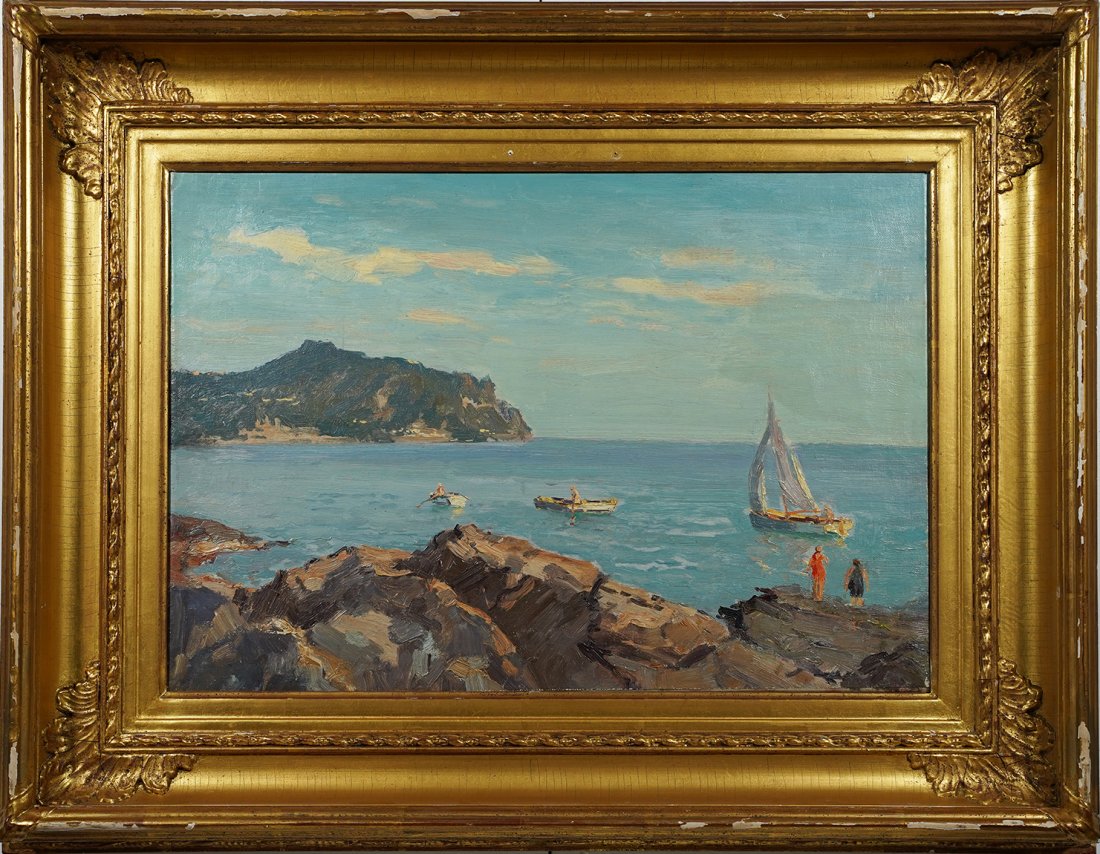 Antique American New England Seashore with Sailboats: Antique American school1 impressionist view of a coast. Very nicely painted and housed in an impressive frame. No signature found. Image size 14 1/4H x 20L