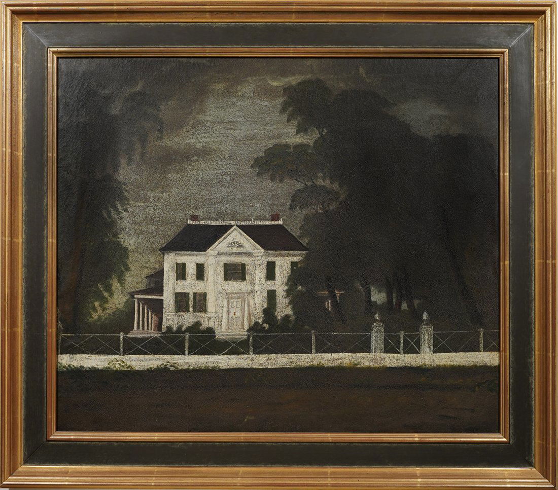 Antique American Folk Art Southern Mansion Oil Painting (1 of 6)