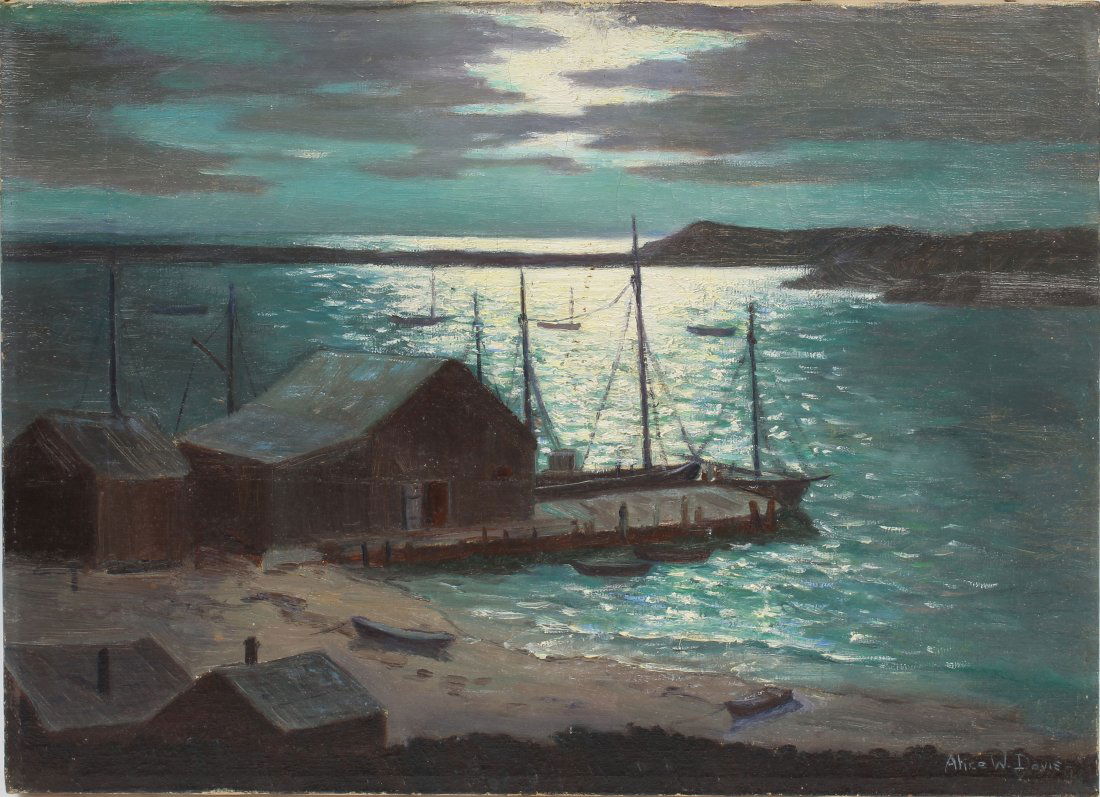 Antique Moonlit Harbor Signed Woman Artist Oil Painting (1 of 6)
