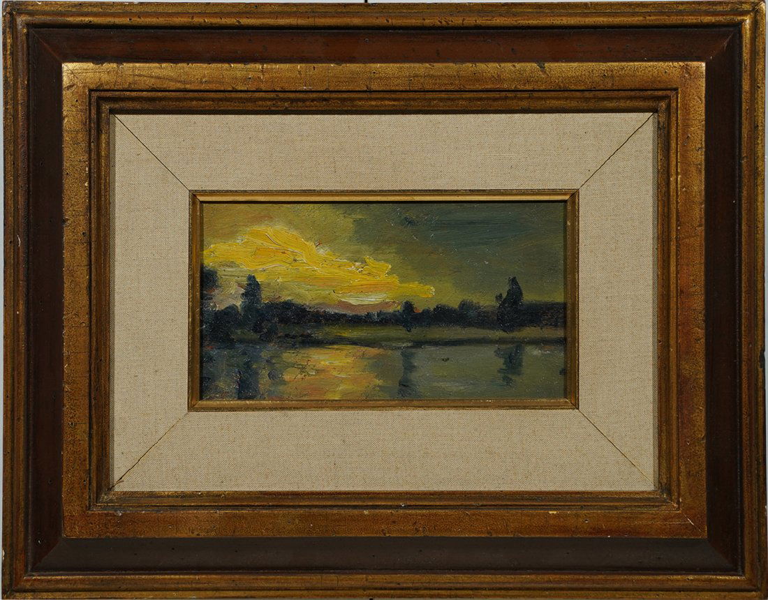 Antique American Impressionist Sunset Lake Oil Painting (1 of 5)