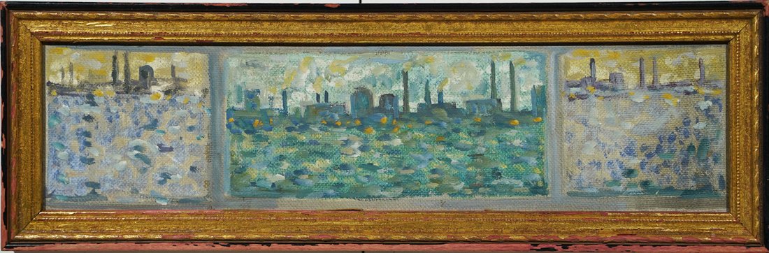 Industrial Cityscape Triptych WPA Modern Oil Painting: Vintage American industrial cityscape oil painting. Oil on board, circa 1930. No signature found. Image size, 17L x 4 1/2H