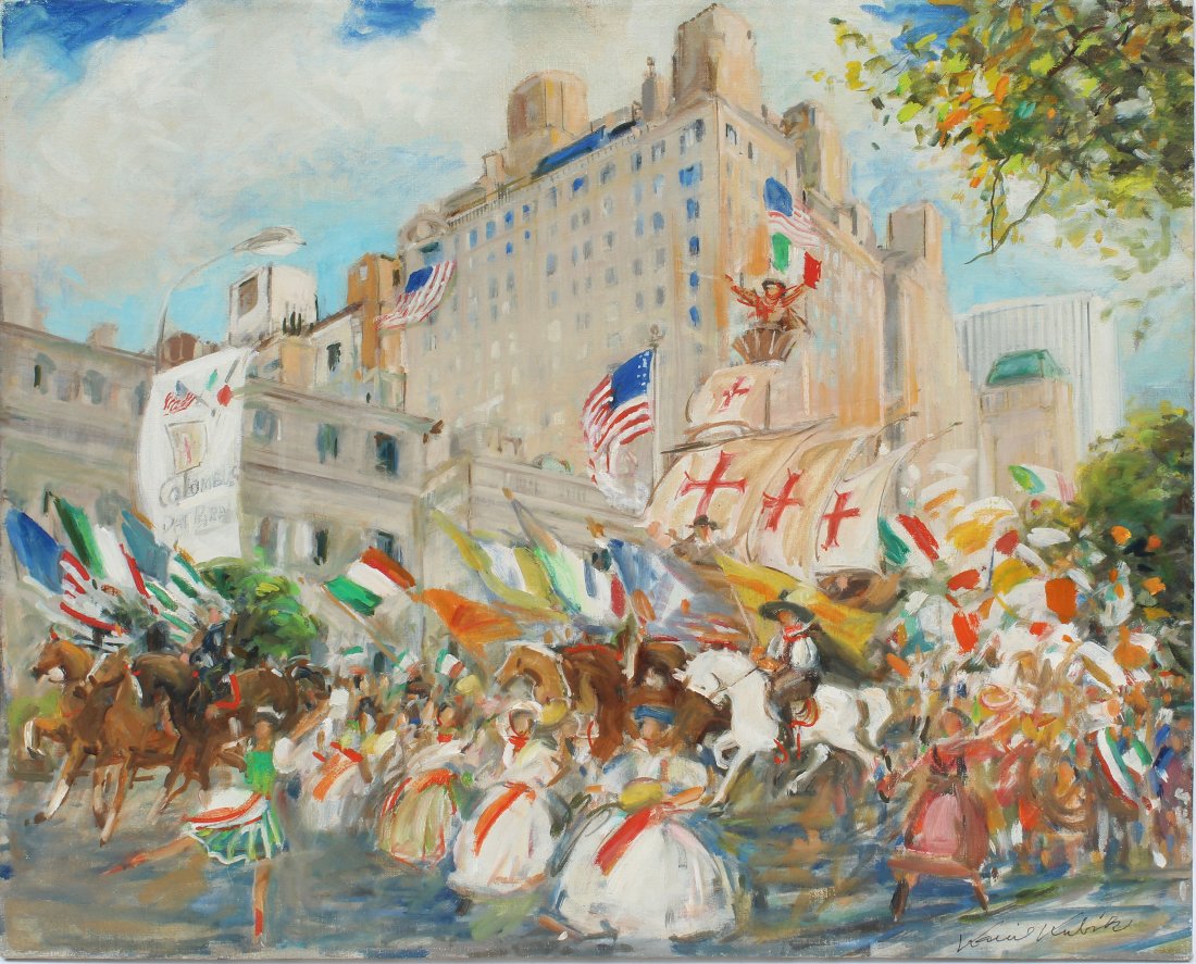 Antique Impressionist New York Parade Painting, KUBIK: Antique impressionist oil painting of parade in New York City by Kamil Kubik (1930 - 2011). Oil on canvas circa 1970. Signed. Unframed. Image size 24L x 20H.