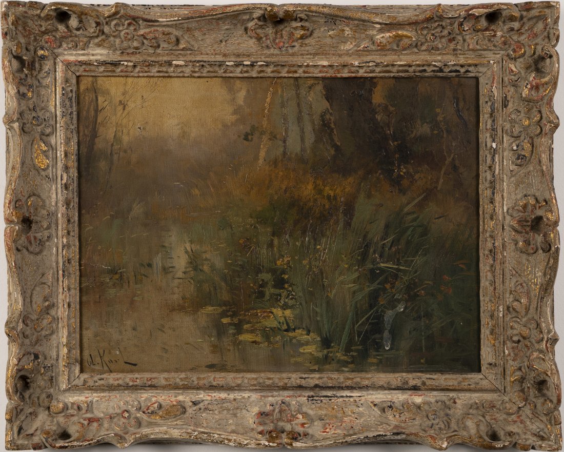 Impressionist Signed Antique Landscape Oil Painting: Antique original oil painting on board. Looks to be a French Impressionist or Barboizon School painting. Housed in a period frame. Image size, 16.5L x 12.5H