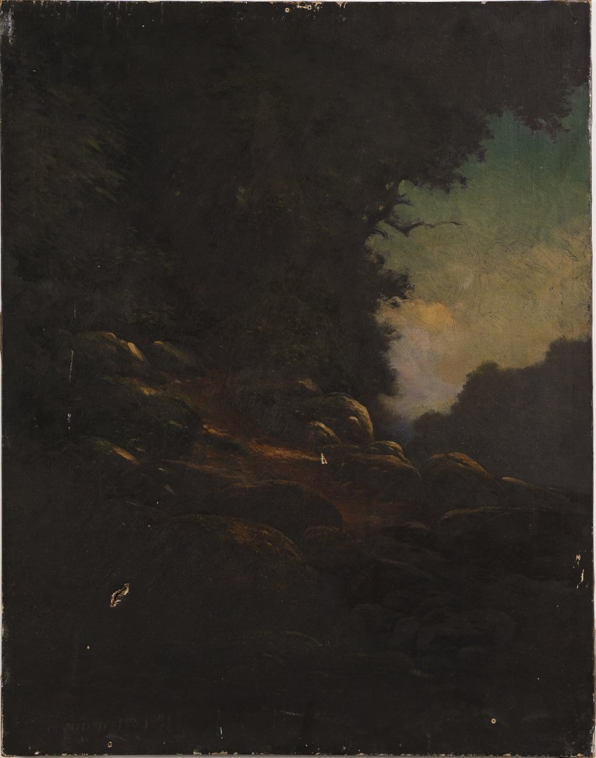 Antique American Hudson River School Oil Painting: Antique Hudson River School landscape painting. Oil on canvas, circa 1870. No signature found. Image size, 30L x 25H.