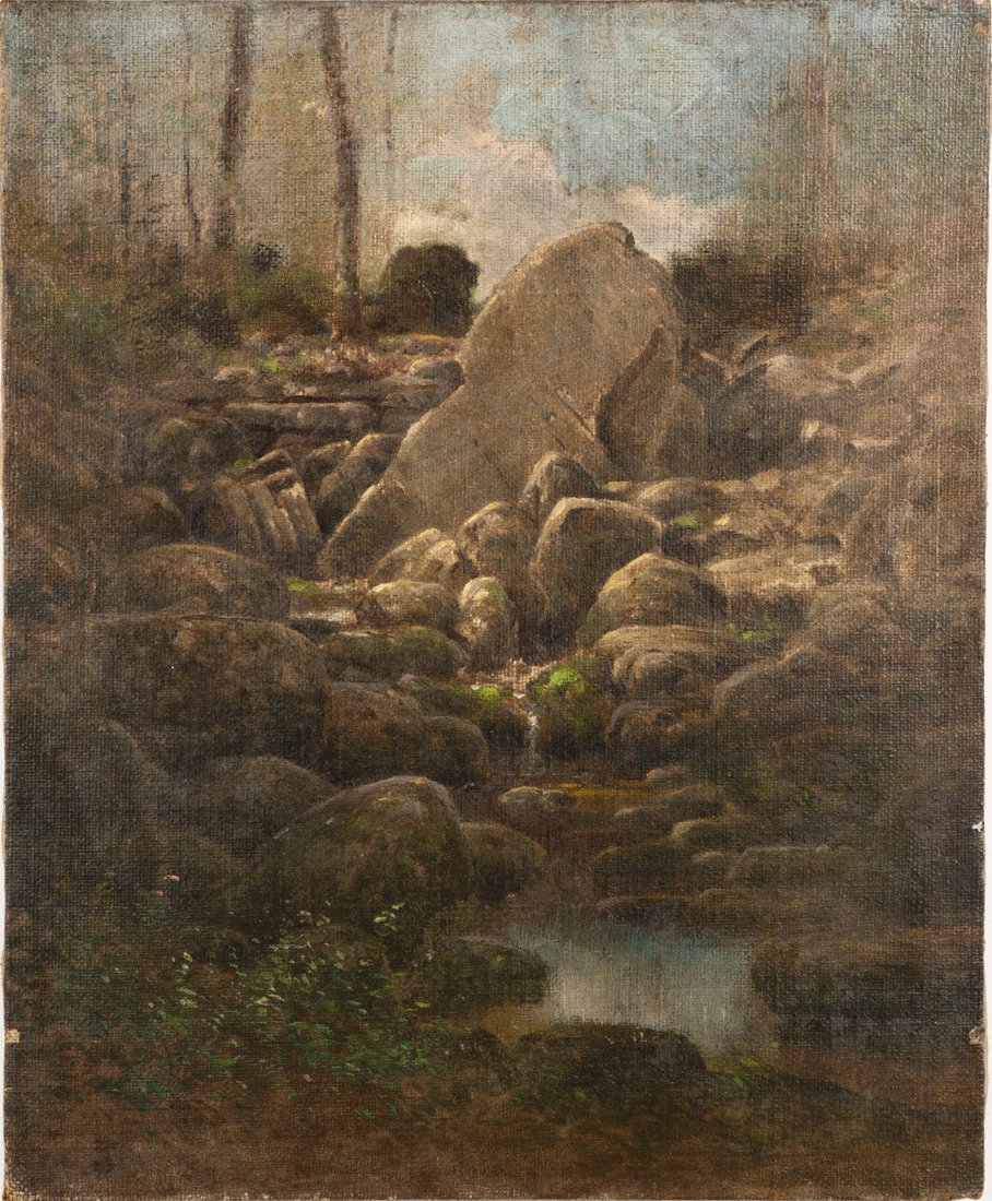 Antique American Hudson River School Oil Painting: Antique Hudson River School landscape painting. Oil on canvas, circa 1870. No signature found. Image size, 17L x 21H.