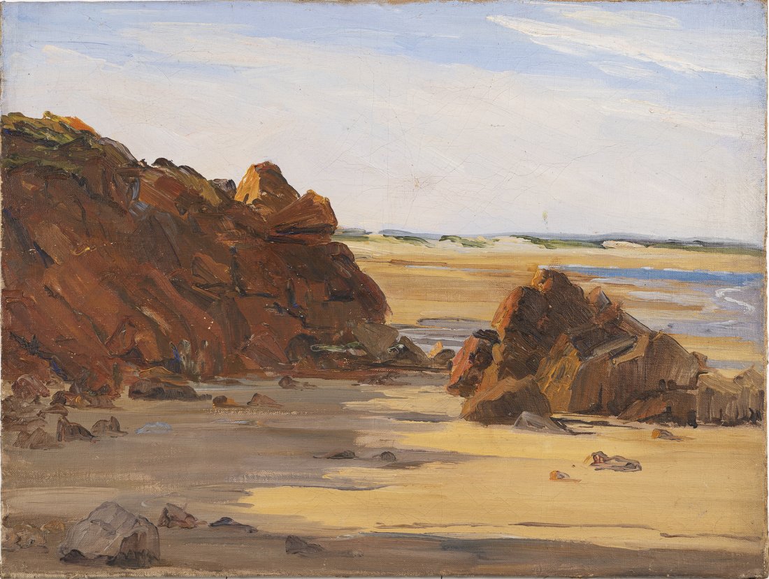 Aschan School Impressionist Seascape Oil Painting: Antique impressionist New England seascape original oil painting. Oil on canvas, circa 1920. Unsigned. Unframed. Image size, 32L x 24H.