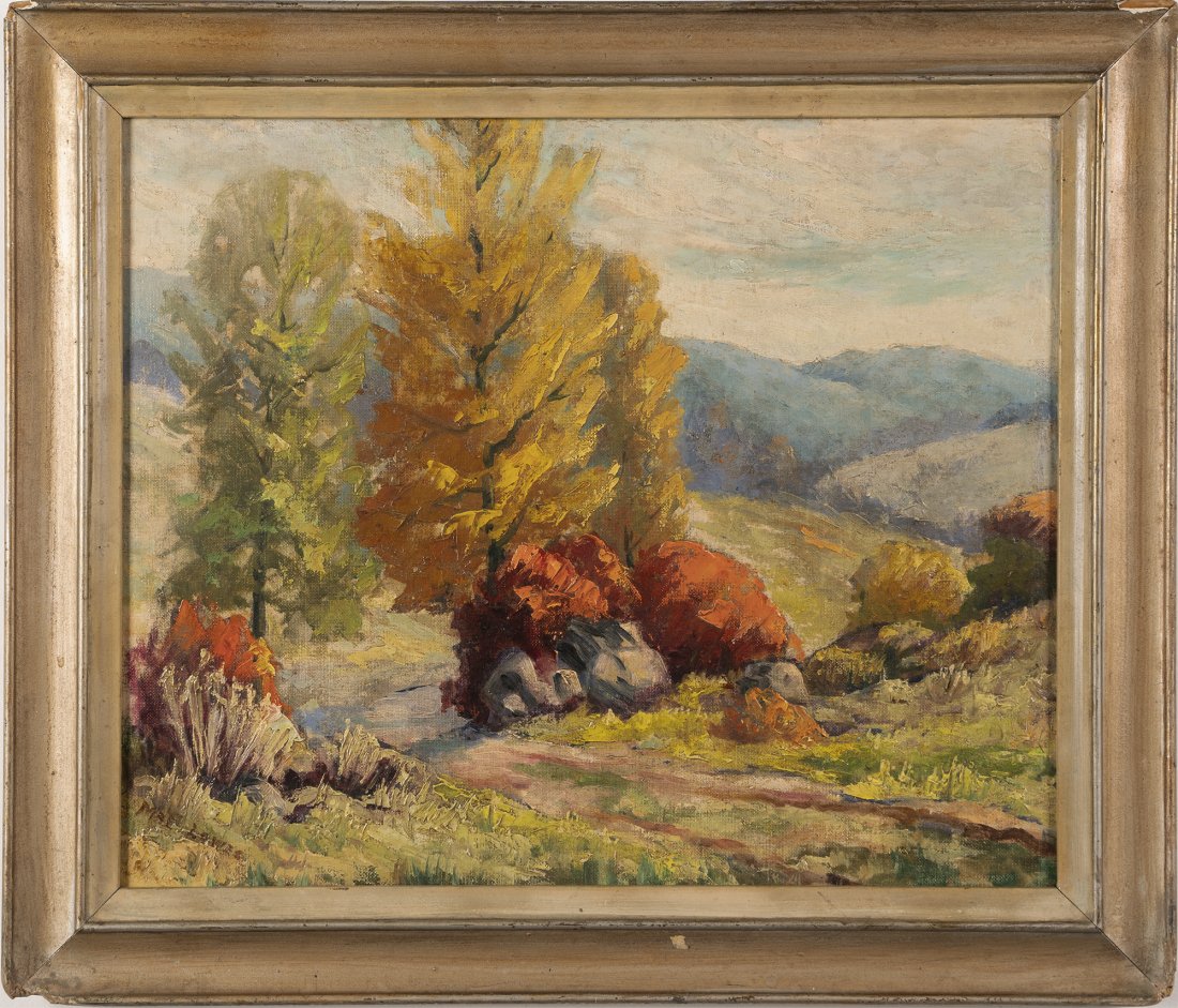 Antique American Impressionist Fall Oil Painting Signed: Up for sale here is a nice impressionist landscape painting. Oil on board, circa 1940. Signed illegibly lower left. Image size, 17L x 14H. Framed.