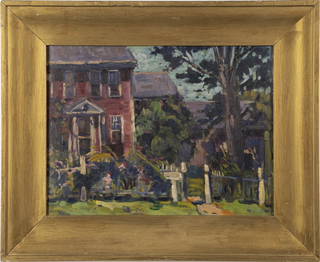 Antique Canadian Modernist Street Scene Oil Painting: Up for sale here is a nice modernist Canadian landscape painting. Oil on board, circa 1935. Signed illegibly on verso. Image size, 16L x 12H. Framed. From our Madison Ave estate, purchased on a trip t