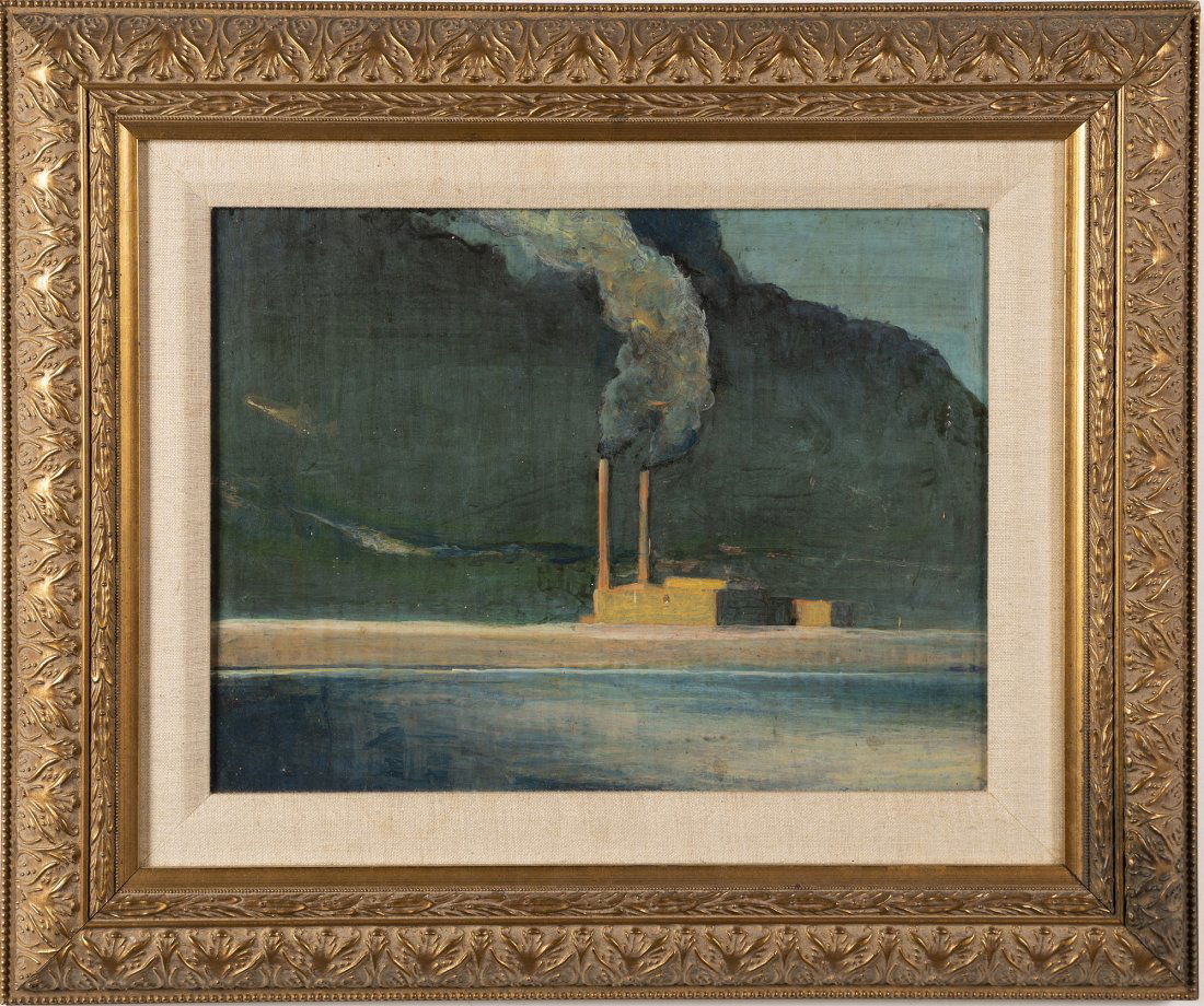 Leslie Lerner Vintage Utah Modernist Factory Painting: Up for sale here is a wonderful modernist painting by Leslie Lerner (1949-2005). Signed on verso. Exhibited. Framed. Image size, 11L x 14H.