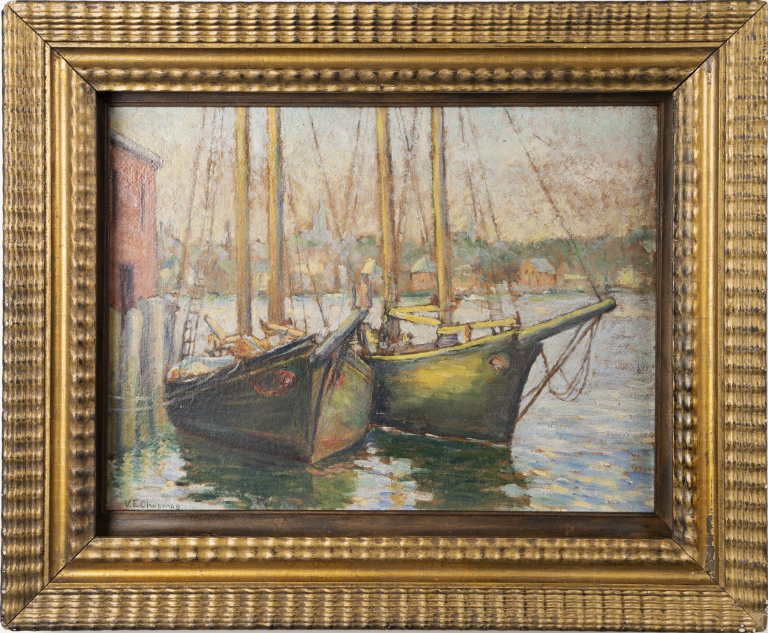 Vera Chapman Signed Gloucester Fishing Boat Painting: Up for sale here is a nicely framed early 20th century impressionist seascape painting. Oil on board, circa 1920. Signed lower left. Great frame!! Image size, 12H x 16L