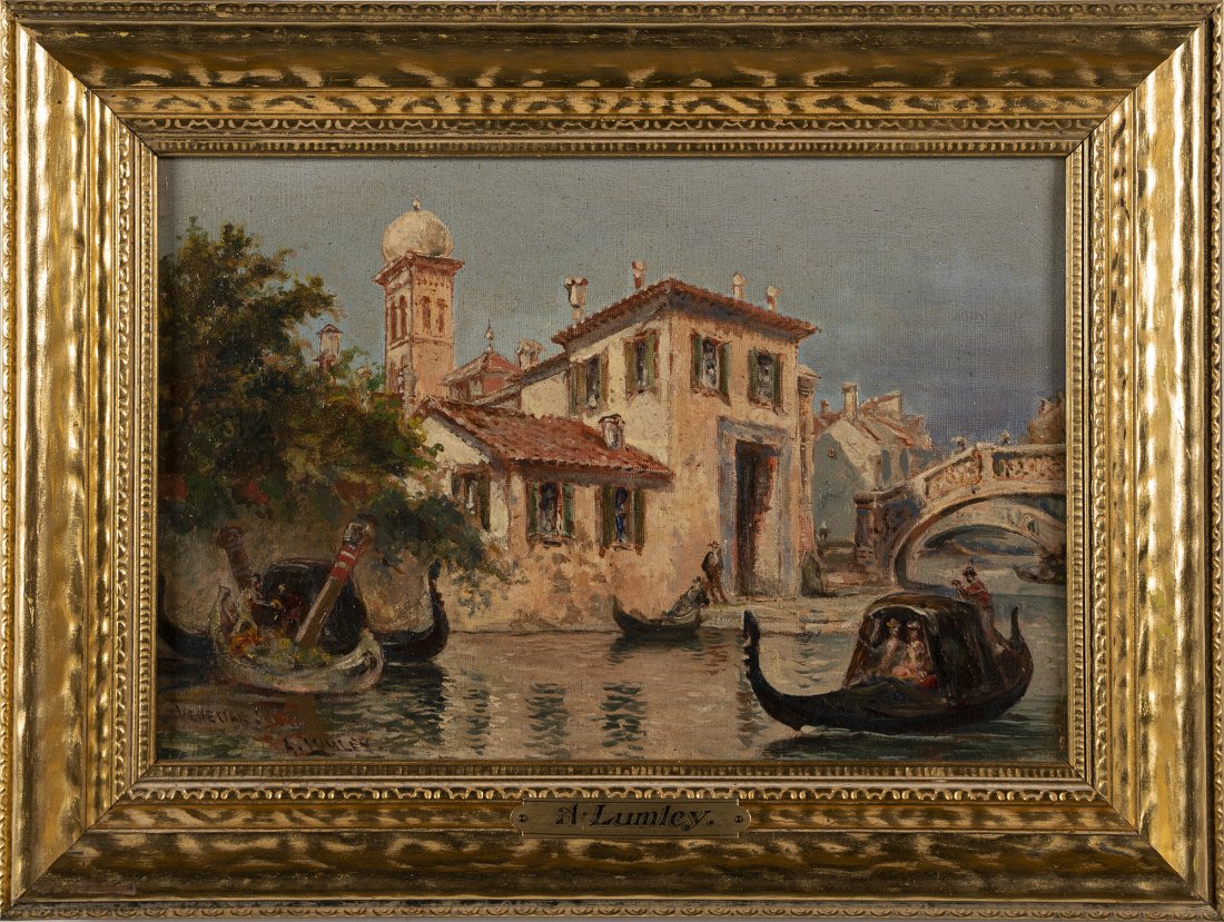 Augustus Lumley Antique Venice Canal Impressionist Oil: Antique impressionist painting of venice by Augustus Savile Lumley (fl. 1880-1899). Oil on canvas, circa 1880. Framed. Signed. Image size, 8H x 12L