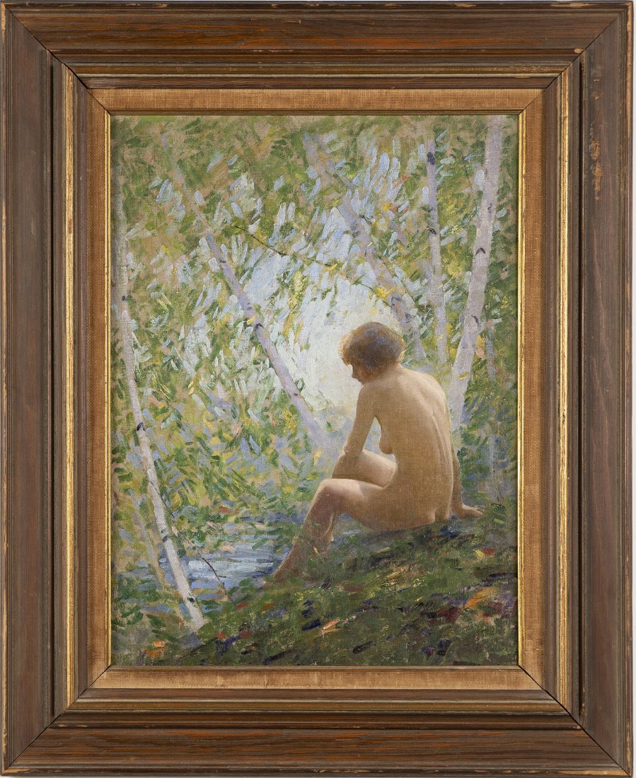 Antique American Impressionist Nude Female Bather Oil: Up for sale here is a stunning impressionist landscape with a young nude bather. Oil on board, circa 1920. We couldn't find a signature, but feels like a major hand at work!! Nicely framed. Image size