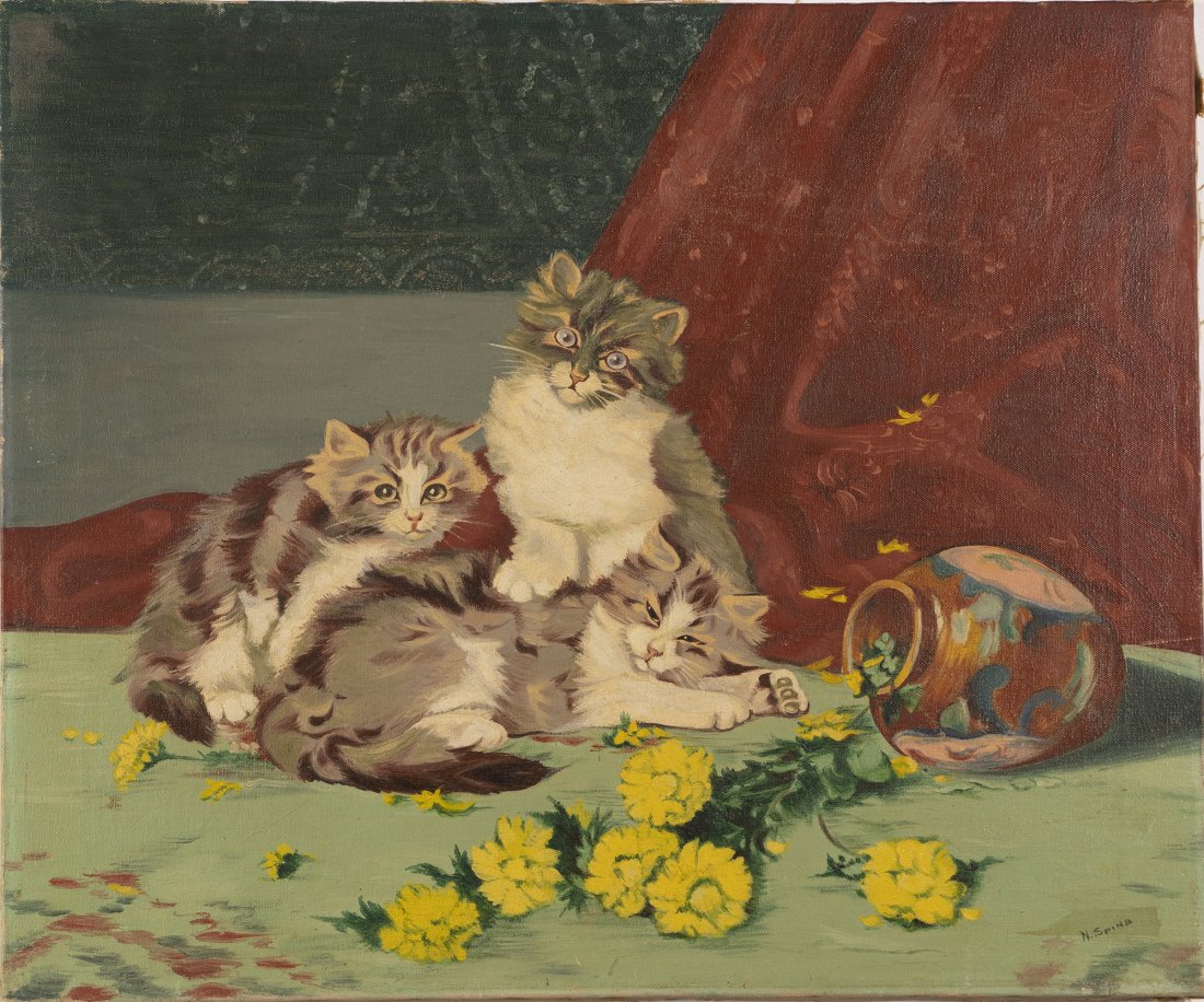 Antique American Impressionist Kitten Cat Portrait Oil: Nice quality American school signed oil painting of kittens playing with flowers. Image size, 20 1/4H x 24 1/4L