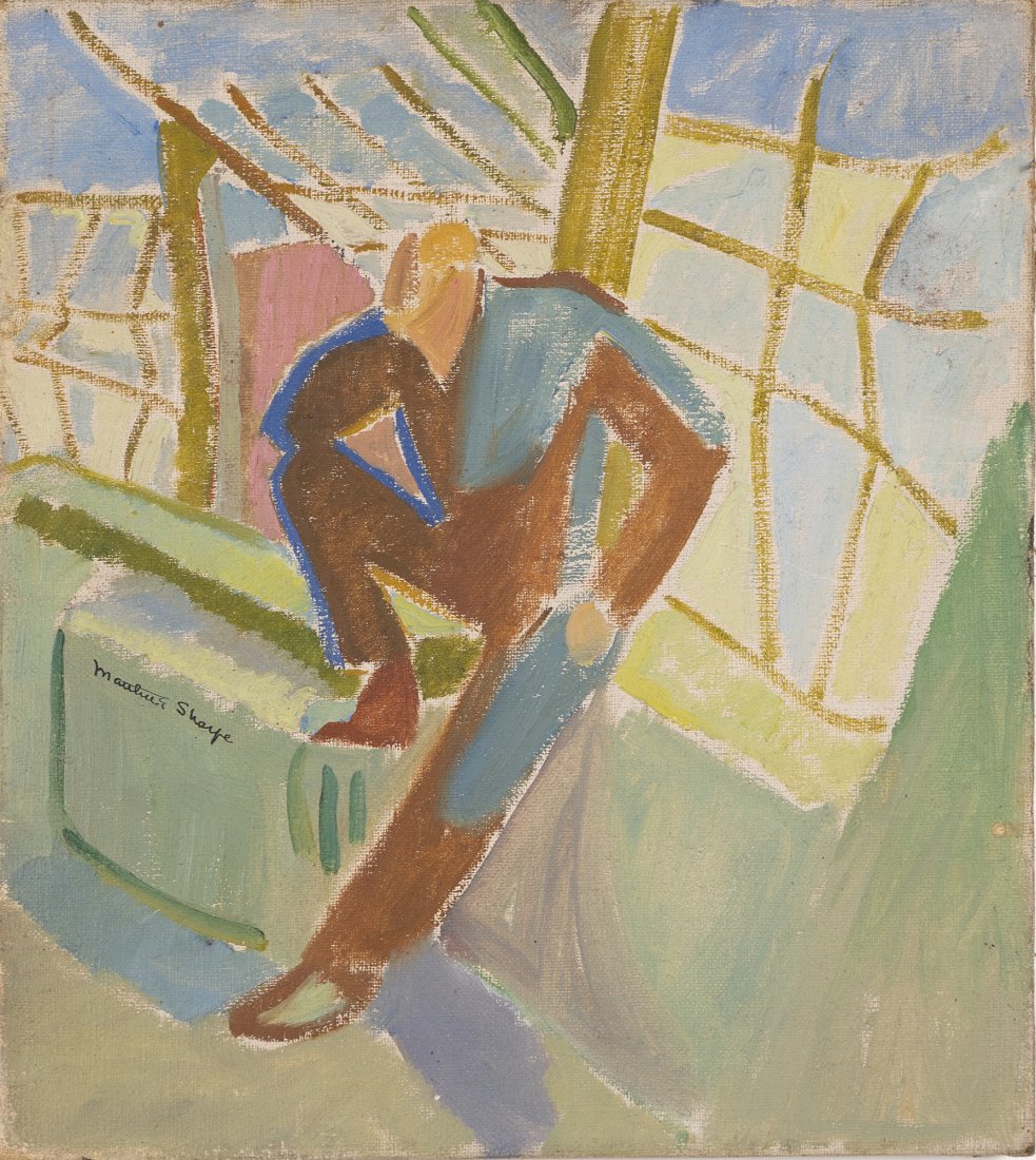 Antique Modernist Male Sailor Ship Yard Oil Painting: Up for sale here is a really really impressive American school modernist painting. A man leaning in a harbor. Signed lower left. Unframed. Image size, 16 1/4 Hx 14 1/4L. Oil on canvas, circa 1920.