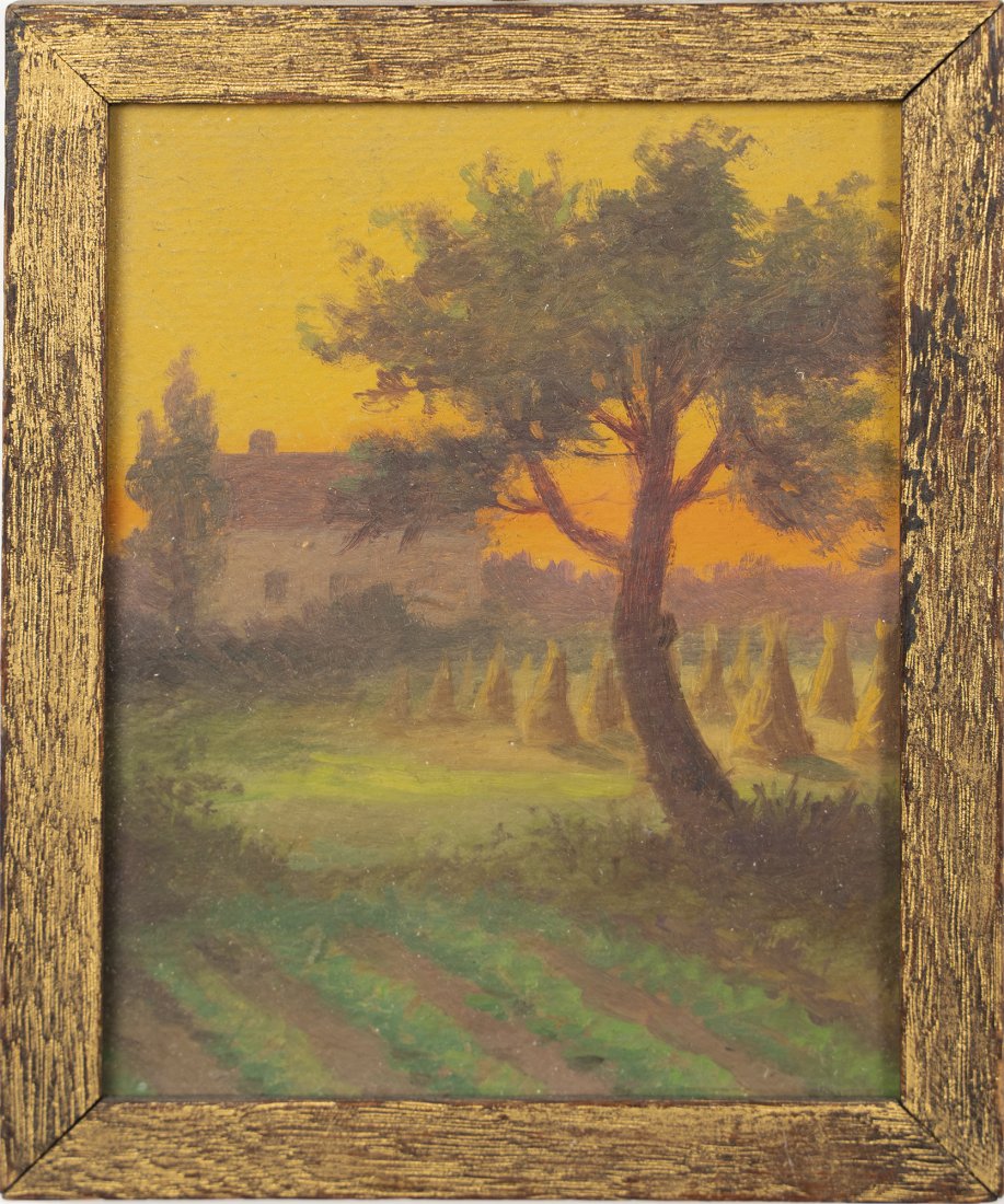 Antique American School Haystack Sunset Oil Painting: Antique impressionist sunset landscape painting. Oil on board, circa 1890. Framed. Image size, 6H x 5L