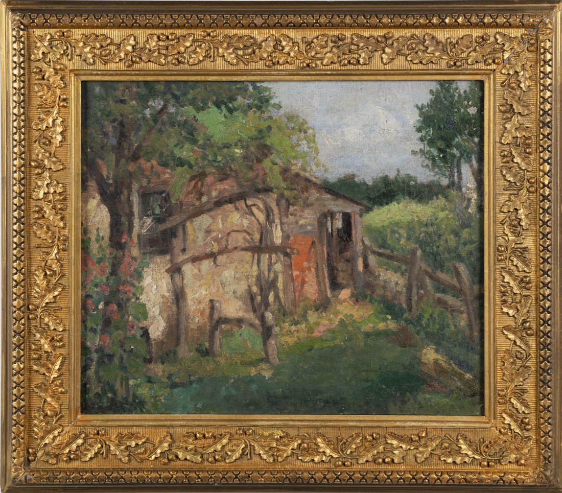 Pennsylvania Woman Artist Impressionist Oil Painting: Antique impressionist landscape painting. Oil on board, circa 1920. Signed on verso. Exhibited. Nicely framed. Image size, 13H x 16L.