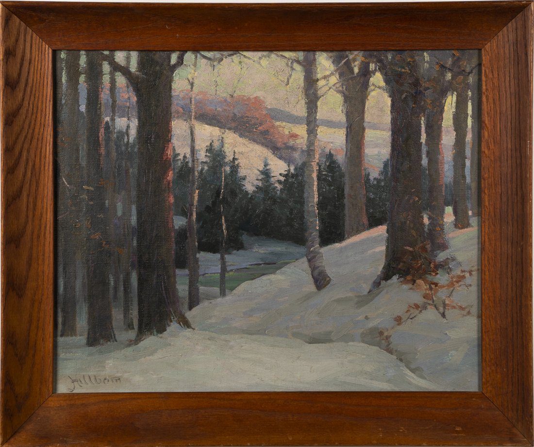 Antique American Winter Impressionist Painting Hillbom: Antique American impressionist winter landscape oil painting by Ralph H. Hillbom (1894 - 1977). Oil on canvas. Signed. Framed. Image size, 16H x 20L