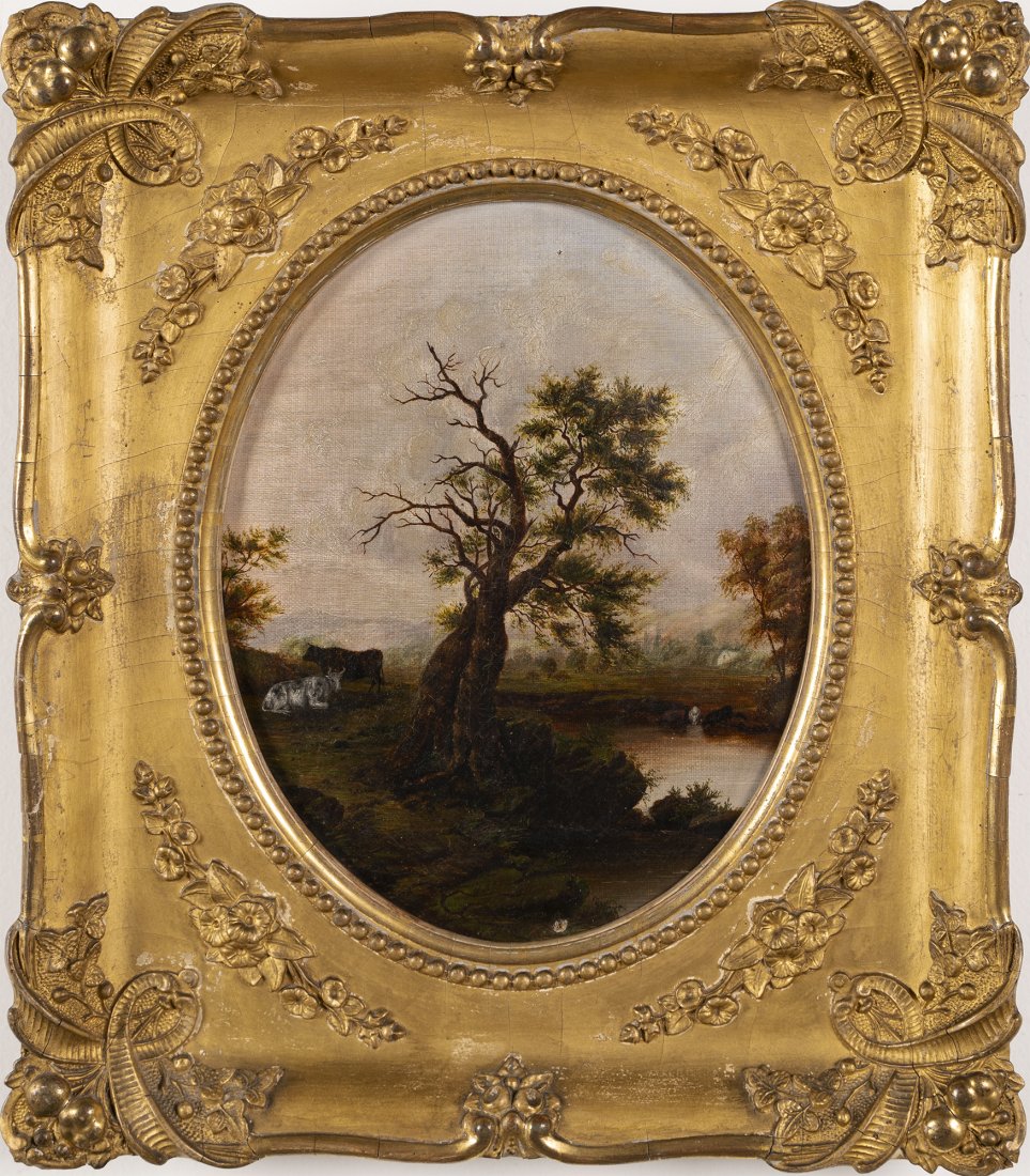 Antique Hudson River School Landscape Oil Painting: Uo for sale here is a handsomely framed and very nicely executed 19th century Hudson River School landscape painting. Oil on canvas, housed in a period giltwood frame. Unsigned. Image size, 8L x 10H.