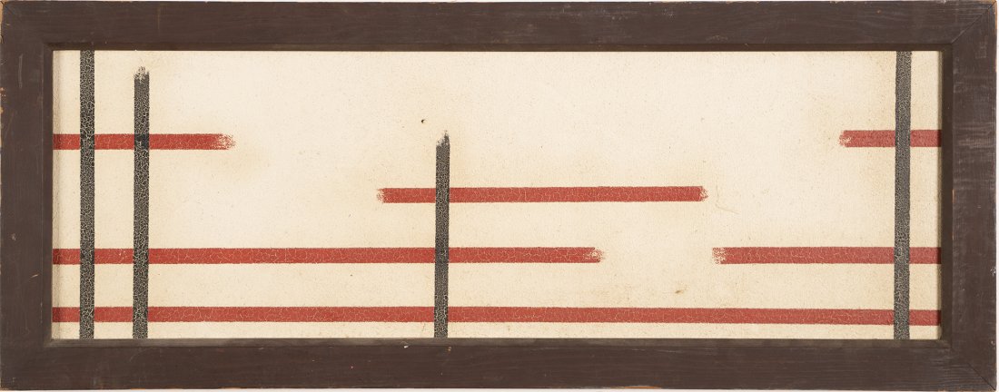 Minimalist Abstract Geometric Composition Oil Painting: Early American school modernist painting. Oil on canvas. Unsigned. Framed. Image size, 11 3/4H x 32 1/4L.