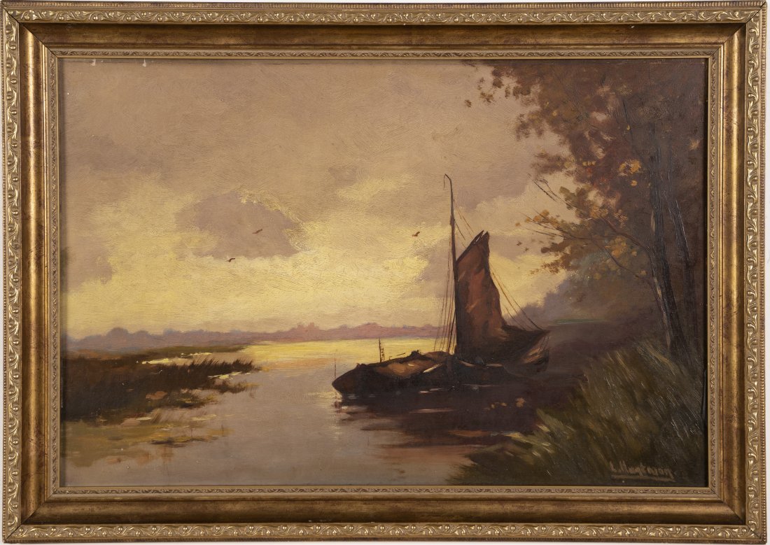 Sunset Seascape Fishing Boat Signed 19thC Oil Painting: Oil on board. Signed. Framed. Image size, 16H x 23 3/4L.