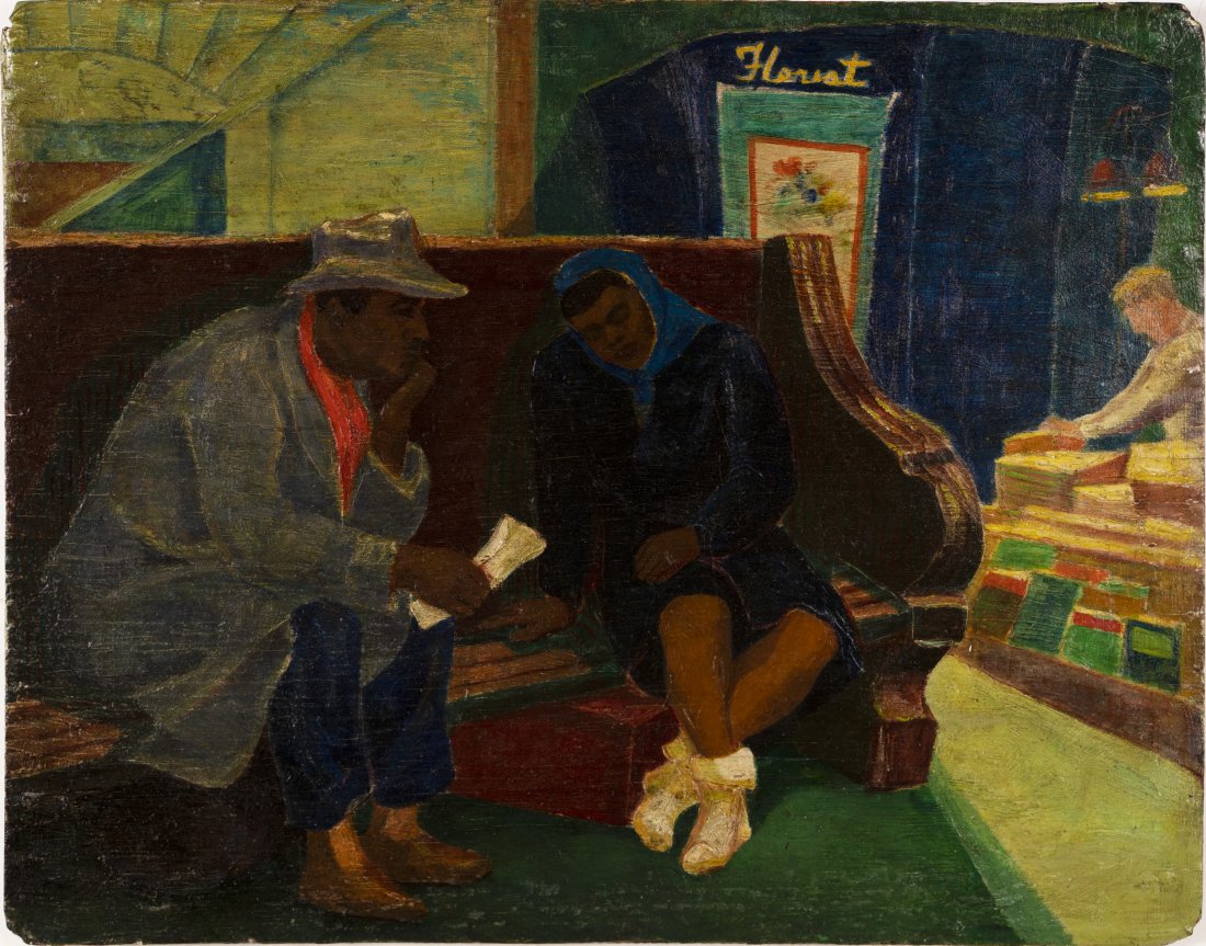 Antique American Ashcan School Bus Stop WPA Painting: Up for sale here is a wonderful modernist painting. Looks to be a bus or subway or train station. Signed on back. Unframed. Image size, 20H x 25L.