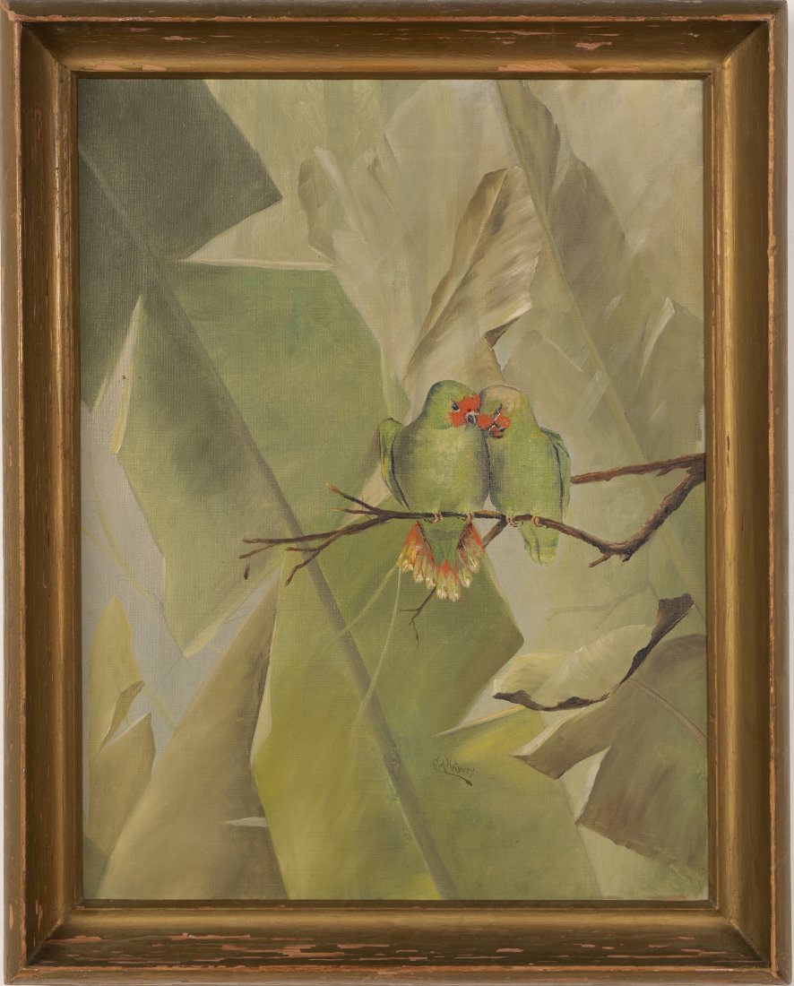 Modernist Love Birds Animal Portrait Cubist Painting: Oil on board. Signed. Framed. Image size, 20 1/4H x 15 1/2L