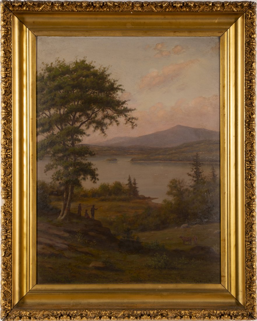 Hudson River School Antique Panoramic Mountain Oil: Nice landscape painting for sale here from the Hudson River School. Oil on canvas. No signature found. Framed. Image size, 24 1/2H x 18 1/4L.