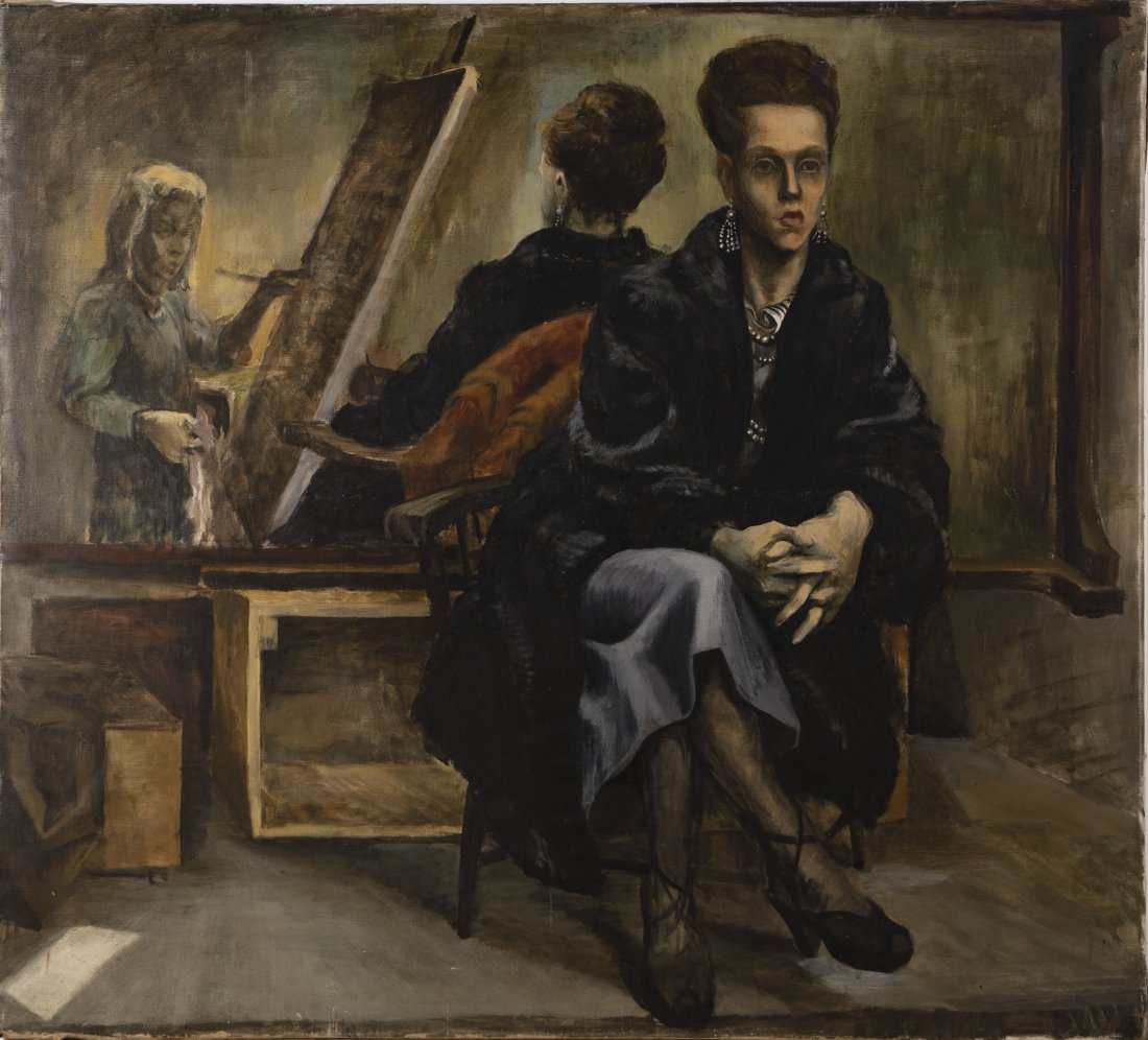 Large Signed Regionalist Artist Studio Woman Portrait: Up for sale here is a very nicely painted and large WPA portrait painting with the artist at work in her studio! Lots of detail and a very unusual and accomplished composition. Oil on canvas. Signed. 