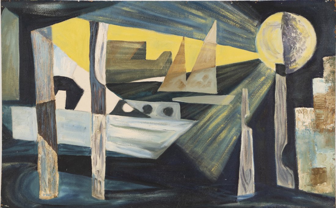 Surreal Seascape Cubist Harbor Boat Rare Oil Painting: Up for sale here is a great mid century modern lot. An abstract harbor scene with amazing color and movement! Unframed. Unsigned. Image size, 24H x 38L.