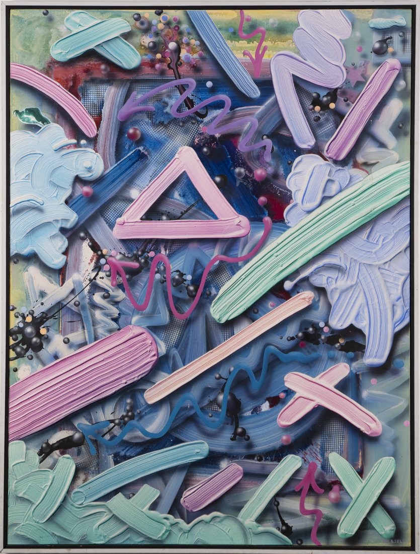 Clarence Measelle Pop Art Abstract Original Painting: Up for sale here is a great American modernist abstract. So well painted and impressive in person. Has a 3d feeling to it! Painted by Clarence Measelle. Oil on canvas. Signed. Image size, 48H x 36L