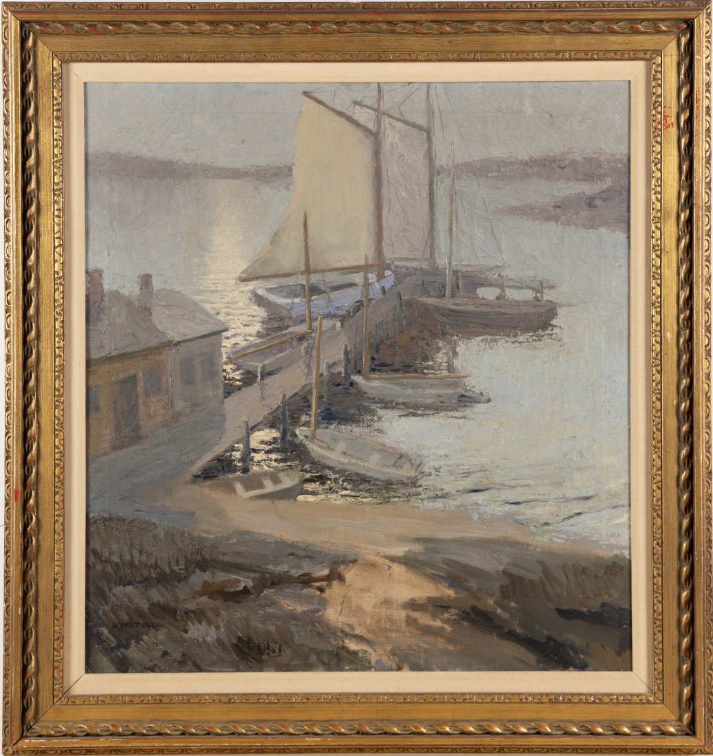Antique New England Luminous Dock Seascape Painting: Up for sale here is a killer impressionist painting. A large New England dock view with glistening light reflecting off the water. Nicely framed. Oil on canvas. Image size, 30L x 28H