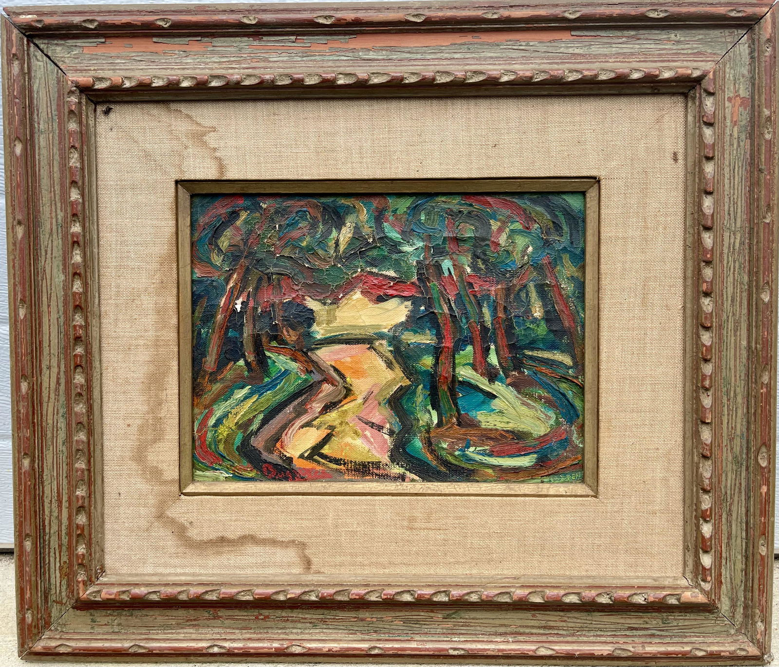 Antique American Fauvist Expressionist painting: Maxim Bugzester, Polish/ American, Circa 1940, o/c, SLL, image 9 x 12", framed 19 1/2 x 22 1/2". Painting is estate found and is dirty, has craquelure, and minor losses.Maxim Bugzester (August 31, 190
