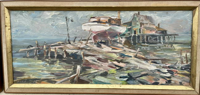 American John Chetcuti Rockport Harbor Oil Painting: Rockport Harbor scene by John Chetcuti (Massachusetts, 1900-1976) The painting is oil on masonite. Signed lower right, the image size is 12&rdquo; x 28&rdquo; and the framed dimensions are 14 &frac12;