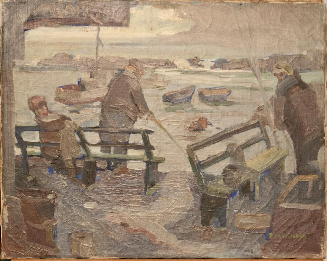 Antique American CalifornIa Impressionist fishing: John W. Leland, California Impressionist, worked at Disney, SLR, Fishing, Image 16 in. x 20 in.
