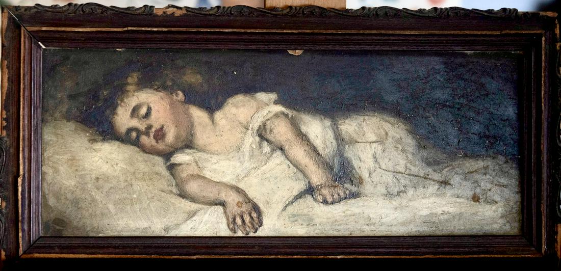 Antique American Impressionist Oil Young Girl: Sleeping Girl, American, Oil on Panel, 19th C. , Prov. MEda H. Pennock, Image 6 in. x 12 in. Frame 7 in. x 14 in.