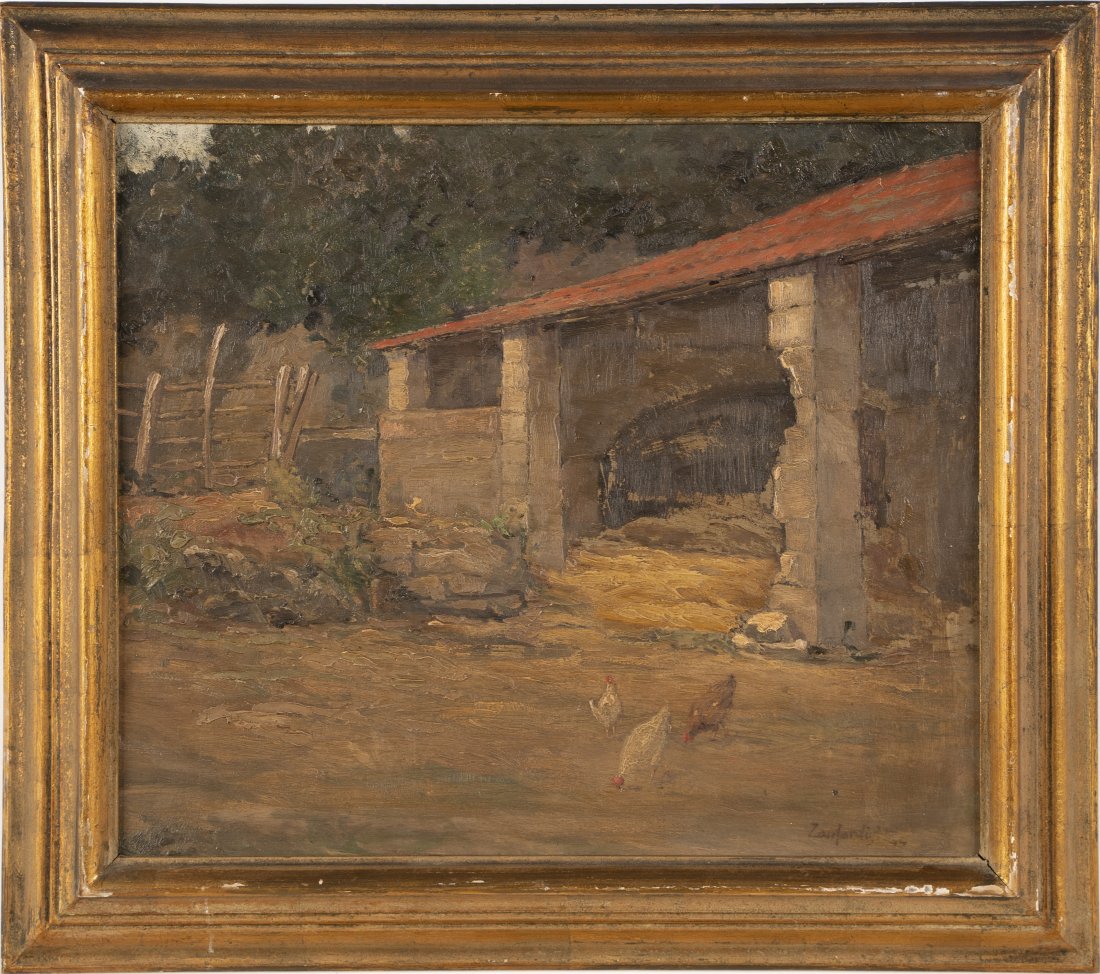 Antique Italian Signed Chicken Landscape Oil Painting: Antique Italian impressionist landscape with chickens. Oil on board. Framed. Signed. Image size, 17.5"L x 15"H.