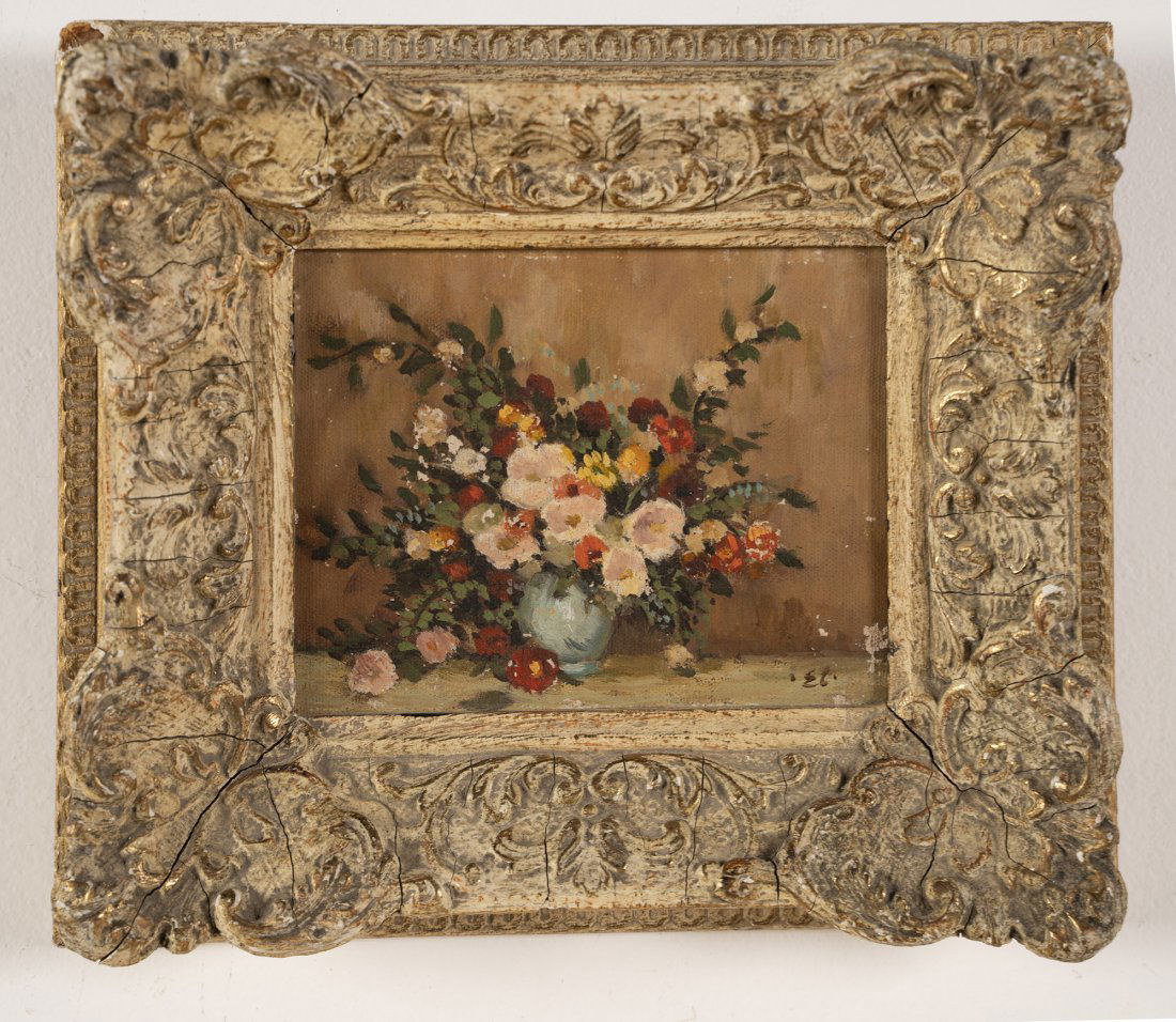 Antique Eric Lundgren Signed Flower Still Life Painting: Antique American impressionist still life painting. Oil on board, circa 1940. Framed. Signed. Image size, 5.5"L x 4.5"H. Provenance from a Palm Beach gallery.