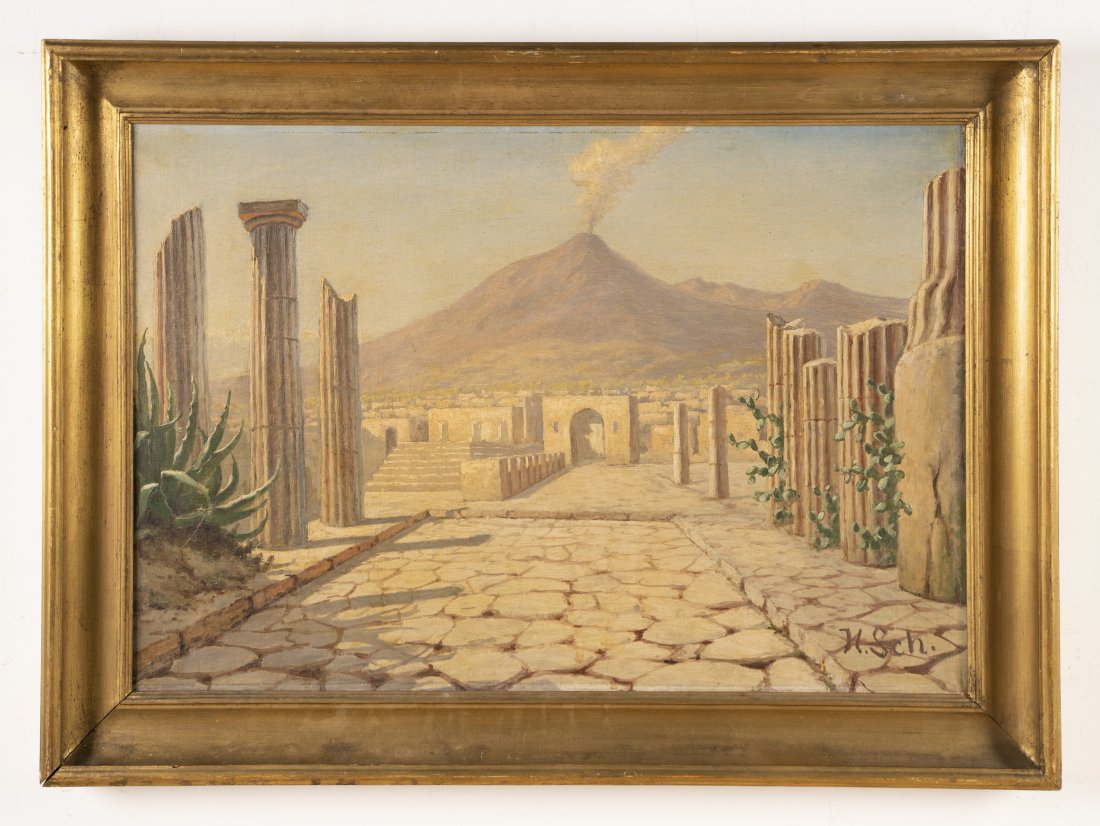Antique Italian School Impressionist Herculaneum Oil: Antique Italian impressionist cityscape with Mt. Vesuvius in the distance. Oil on canvas. Signed. Framed. Image size, 15 1/2H x 23 1/4L