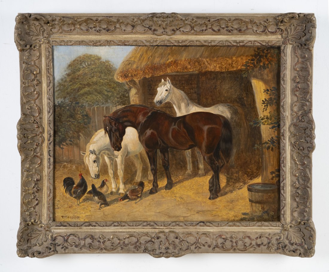 Antique English Impressionist Signed Horse Oil Painting: Antique English landscape painting with horses and chickens. Signed. Nicely framed. Image size, 16H x 20L