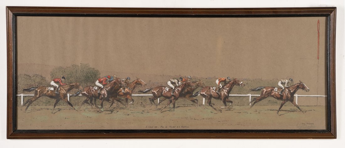 Antique Sporting Art Horse Race Painting: Antique American sporting art signed horse race painting. Mixed media. Framed. Image, 10H x 28 1/2L